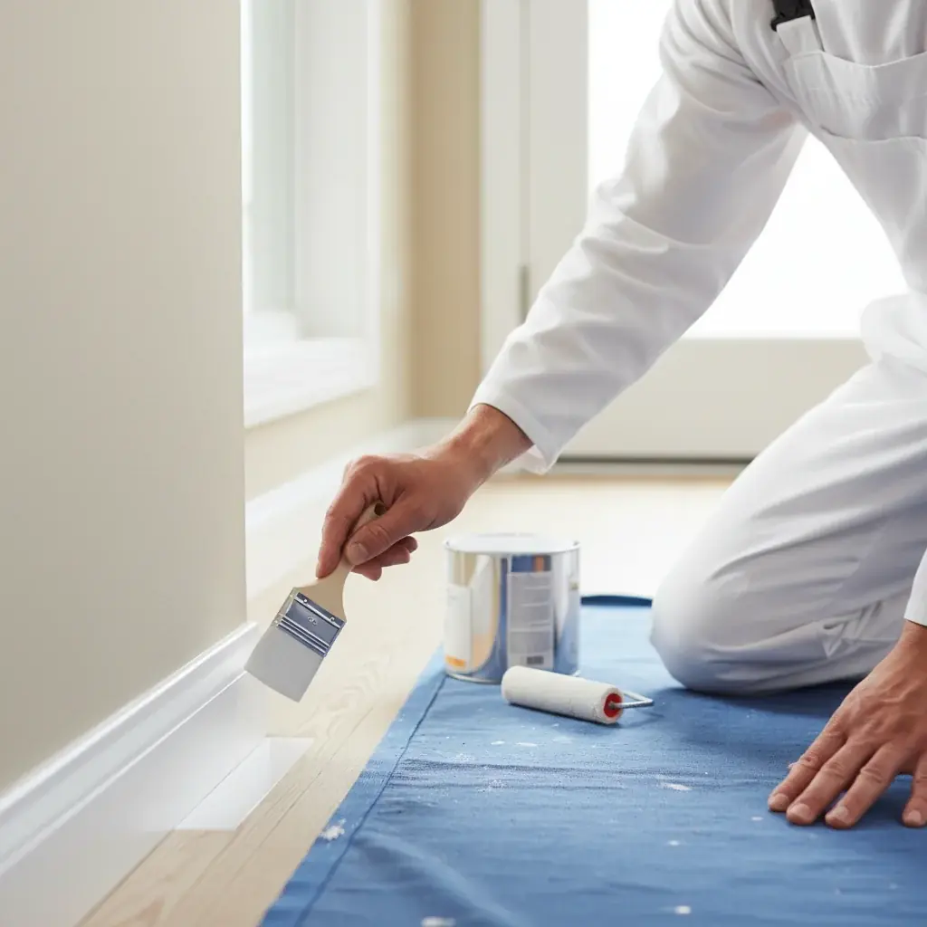 Painter brushing fresh white semi-gloss paint on baseboard trim, close-up with clean line against wall