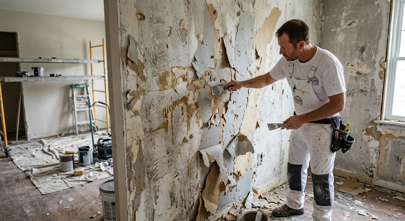 An independent professional inspecting torn drywall after wallpaper removal