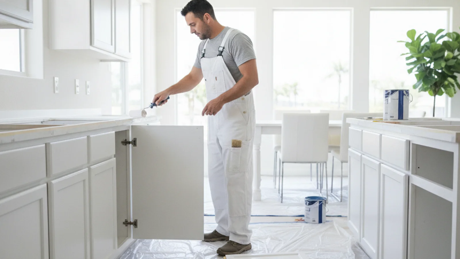 A white cabinet door with visible small chips and a slight yellow cast next to a freshly refinished sample under neutral light.