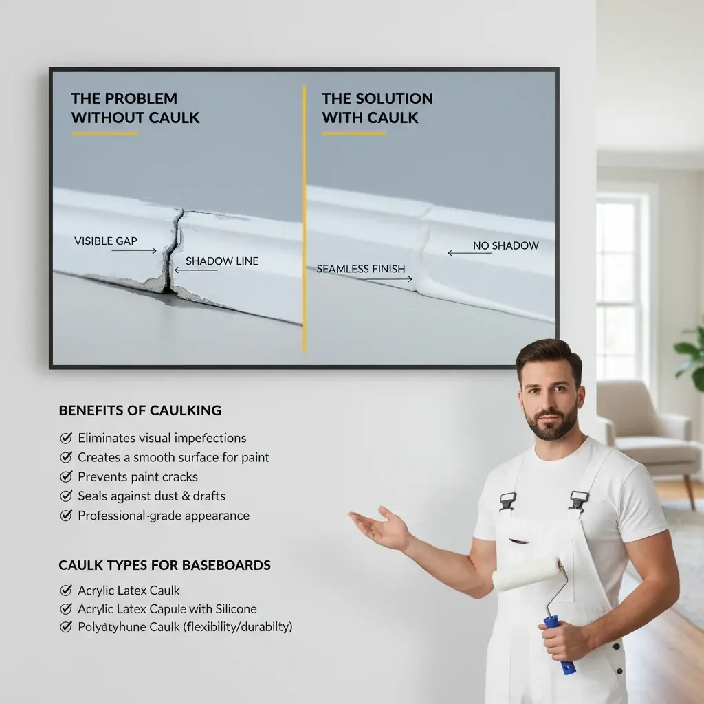 An infographic illustrating the benefits of caulking baseboards before painting, showing how it eliminates gaps, prevents shadow lines, and creates a clean, professional look, alongside common caulk types.