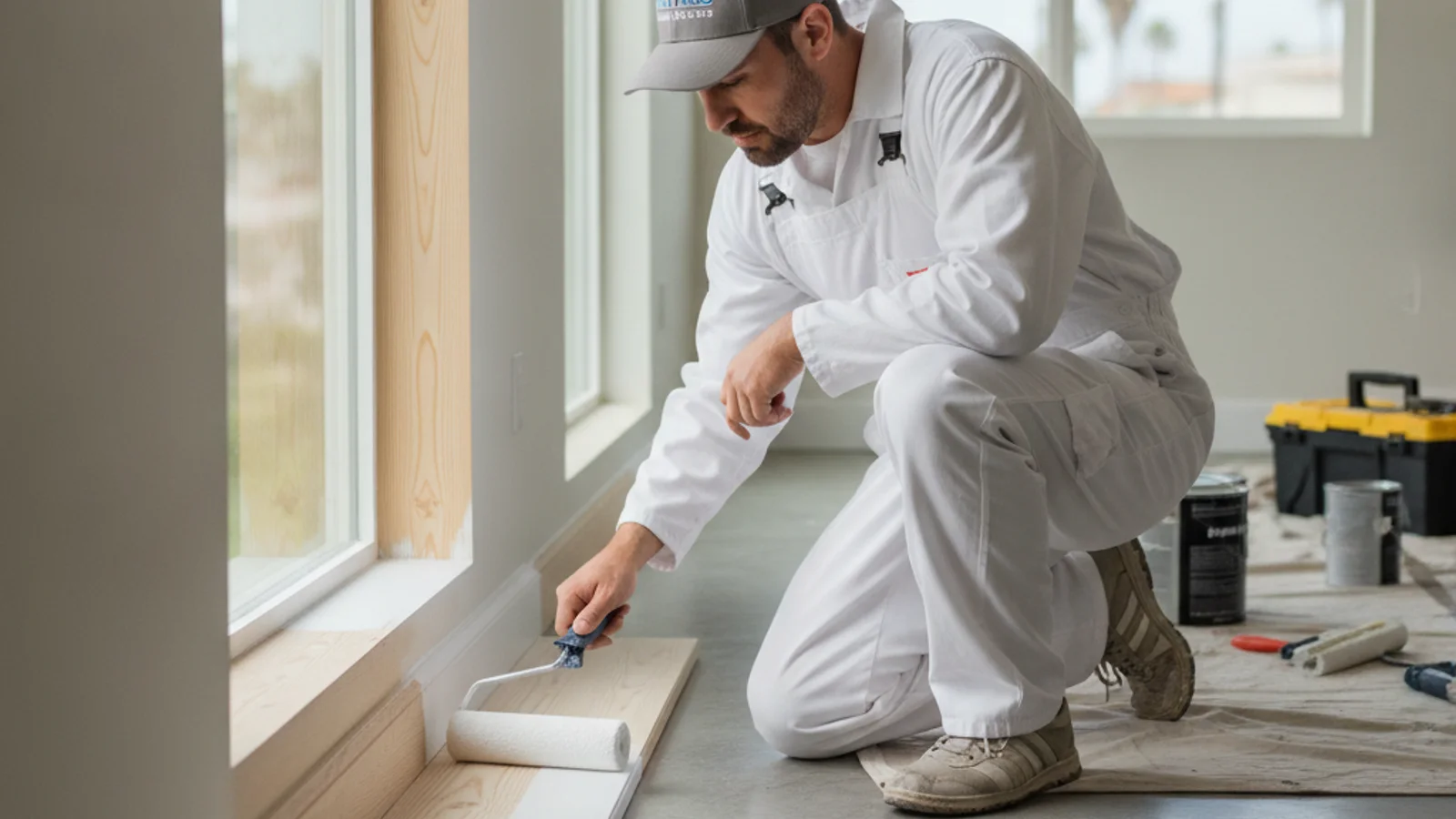 Close-up of a painter brushing white enamel onto baseboard trim in an empty room with the floor masked off