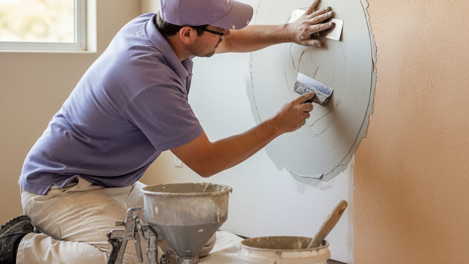 Drywall patch being skim-coated and textured to match surrounding orange peel