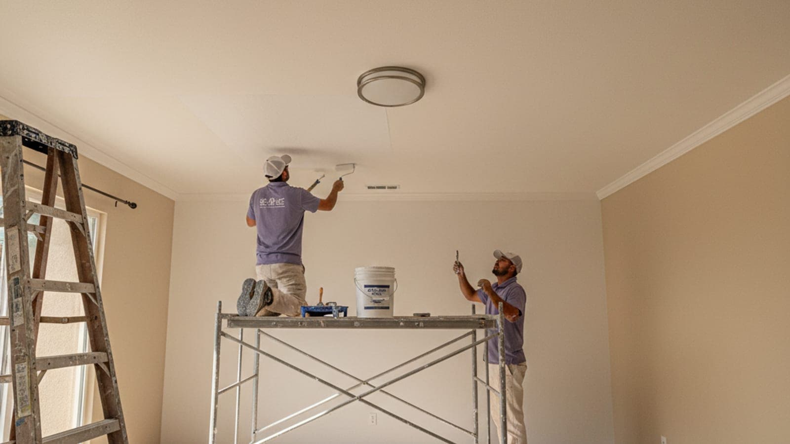 Smooth white ceiling after popcorn texture removal and skim coat