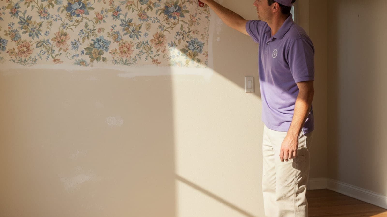 Wallpaper being steamed and scraped off a dining room wall, revealing smooth drywall below